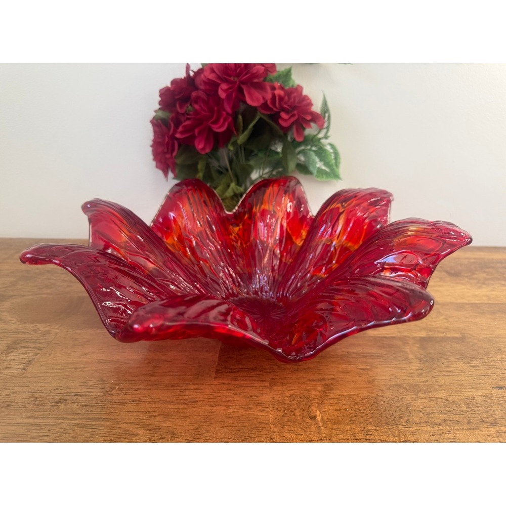Vintage Ruby Red Art Glass Leaf Bowl Large Sculptural‎ Centrepiece Dish Decor